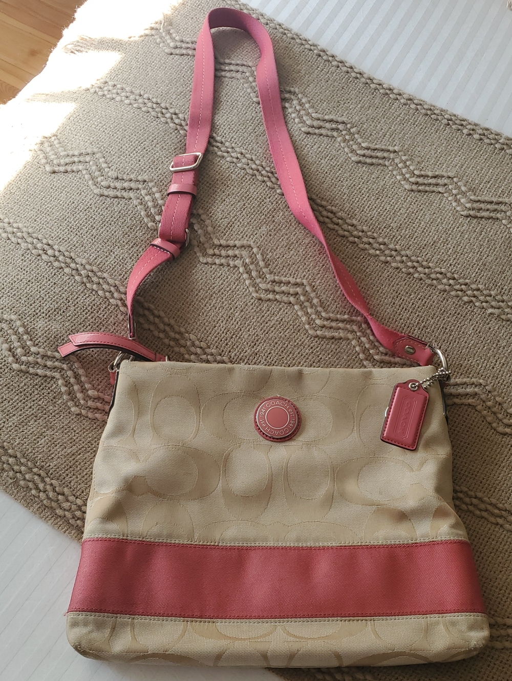 Coach Beige Signature Crossbody with Pink Leather Trim
